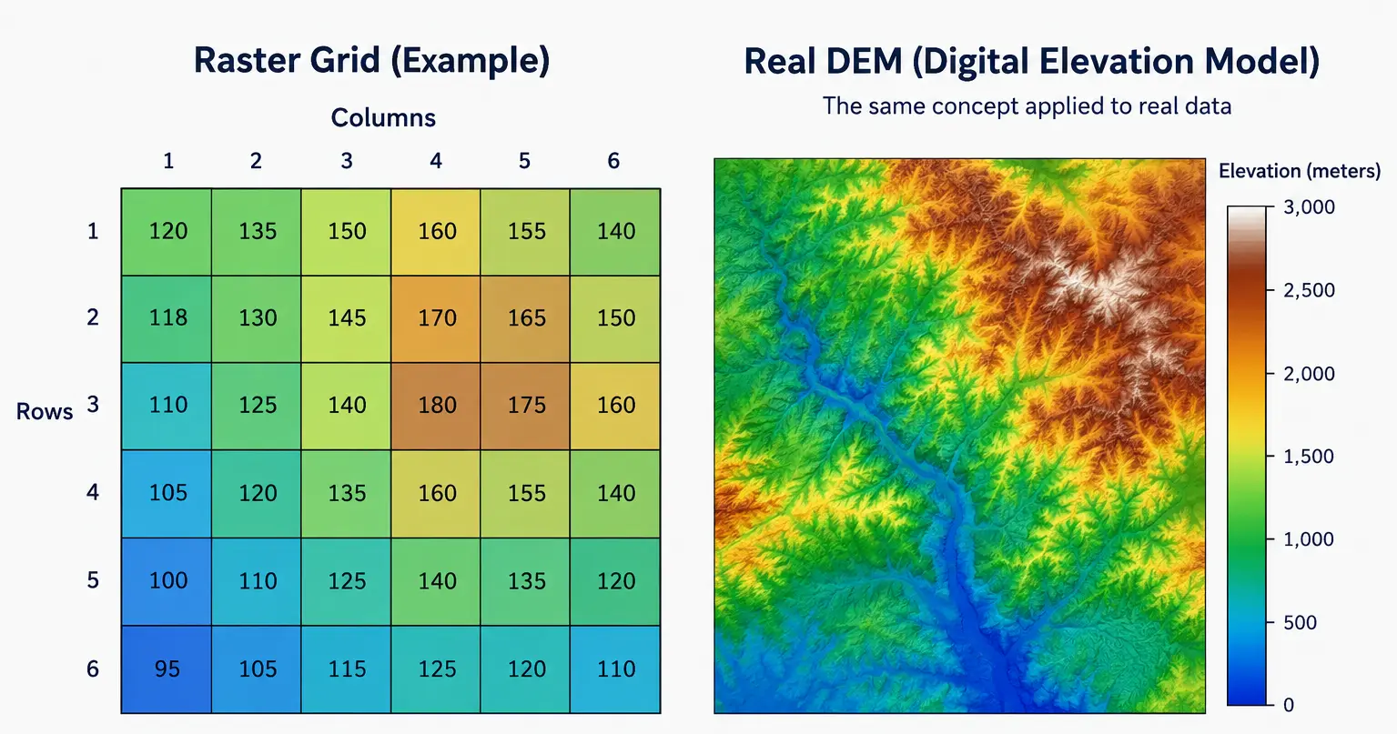 a simple diagram showing a raster grid with rows and columns, each cell labeled with a pixel value, next to a real DEM or satellite image to show the same concept applied to real data