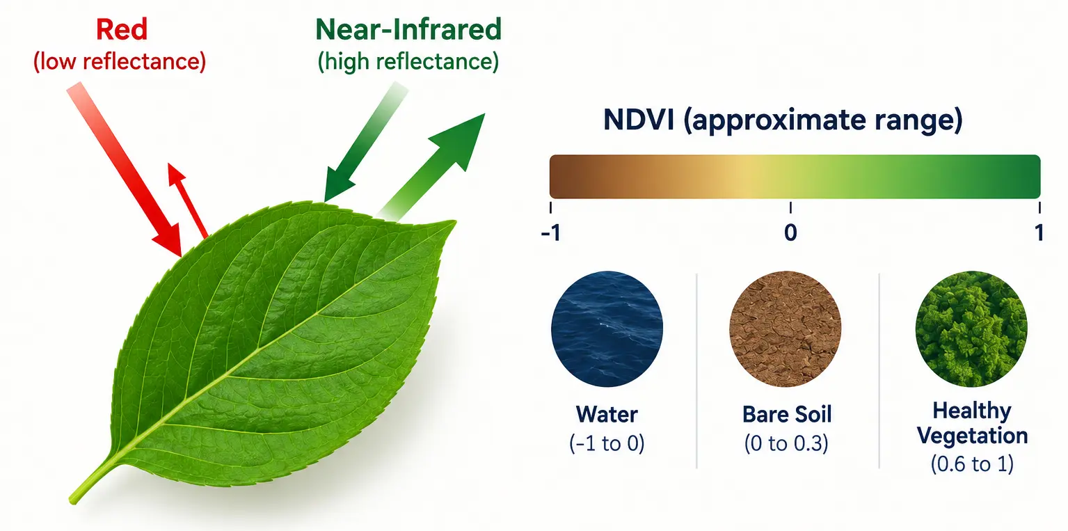 a simple diagram showing a healthy leaf with arrows illustrating high near-infrared reflectance and low red reflectance, next to a small scale from -1 to 1 labeled with water, bare soil, and healthy vegetation