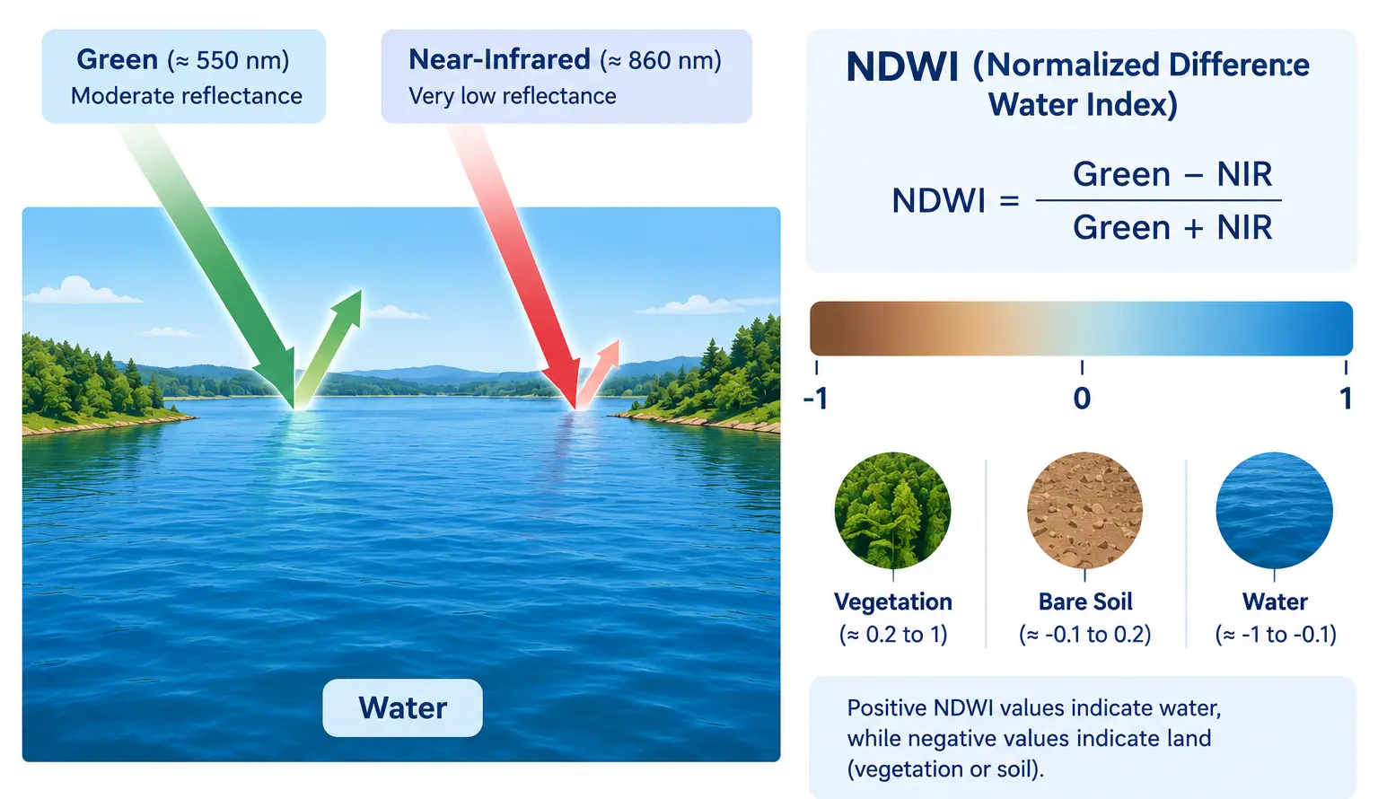 a simple diagram showing a body of water with arrows illustrating moderate green reflectance and very low near-infrared reflectance, next to a small scale from -1 to 1 labeled with vegetation/soil and water