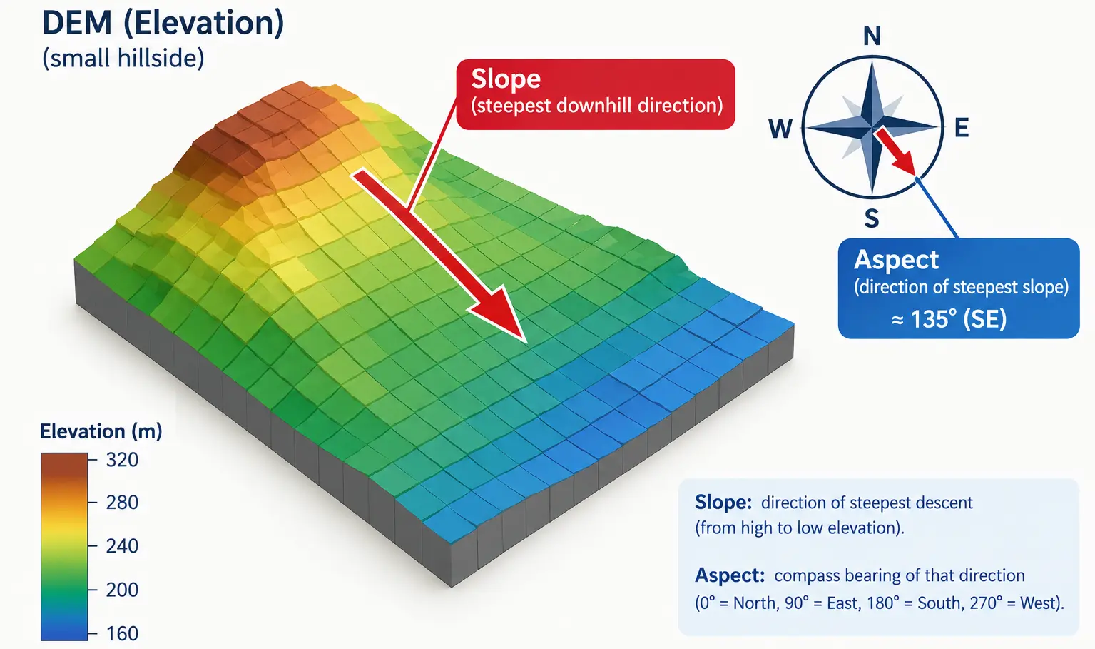 a simple 3D-style diagram of a small hillside DEM grid, with one arrow showing the steepest downhill direction labeled slope, and a compass rose showing that same direction's compass bearing labeled aspect