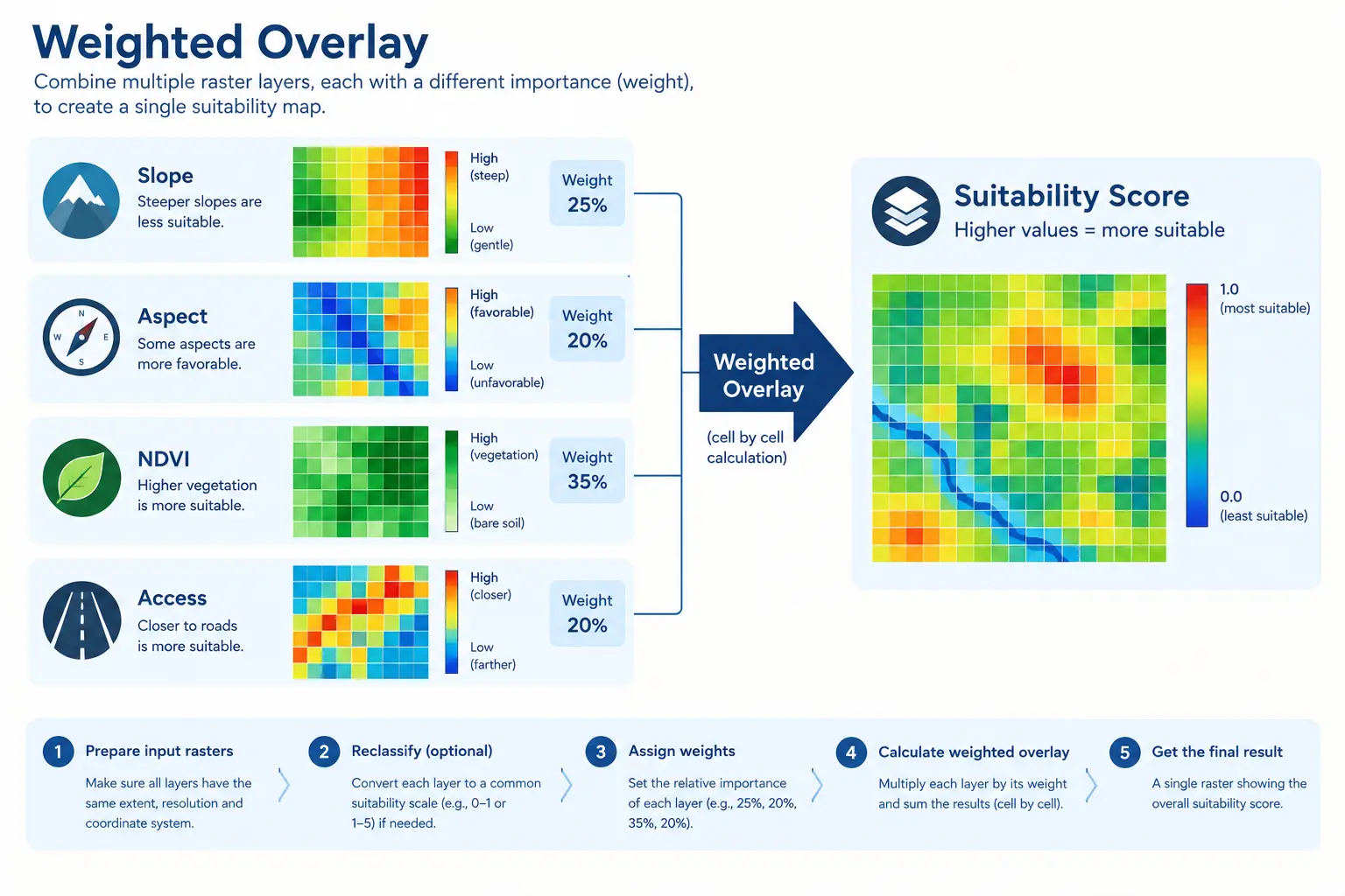 a simple diagram showing four separate raster grids (slope, aspect, ndvi, access) each with a small icon, stacked and combined by an arrow into a single output grid labeled suitability score, illustrating the weighted overlay concept