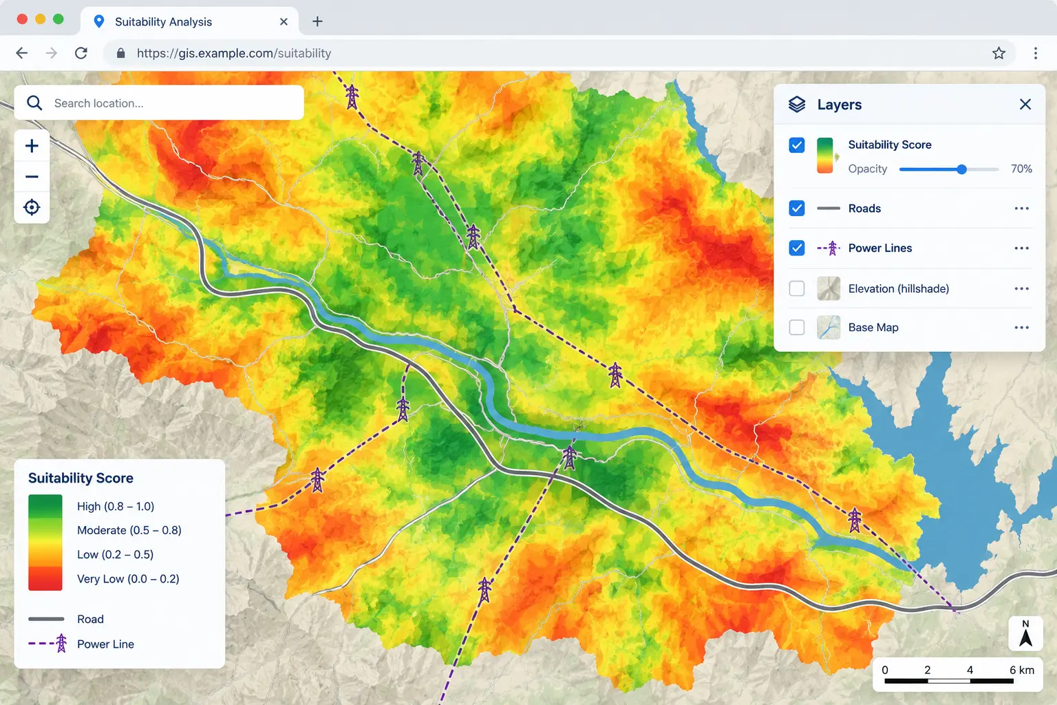 a browser window showing a web map with a colored suitability overlay, road and power line layers, a legend in the corner, and a layer control panel, illustrating what this session's output will look like
